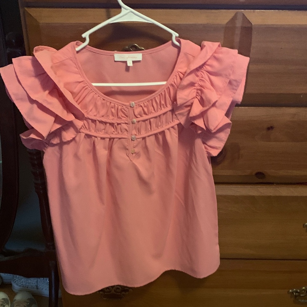 Ces Femme Coral Pink Ruffled Sleeve Blouse